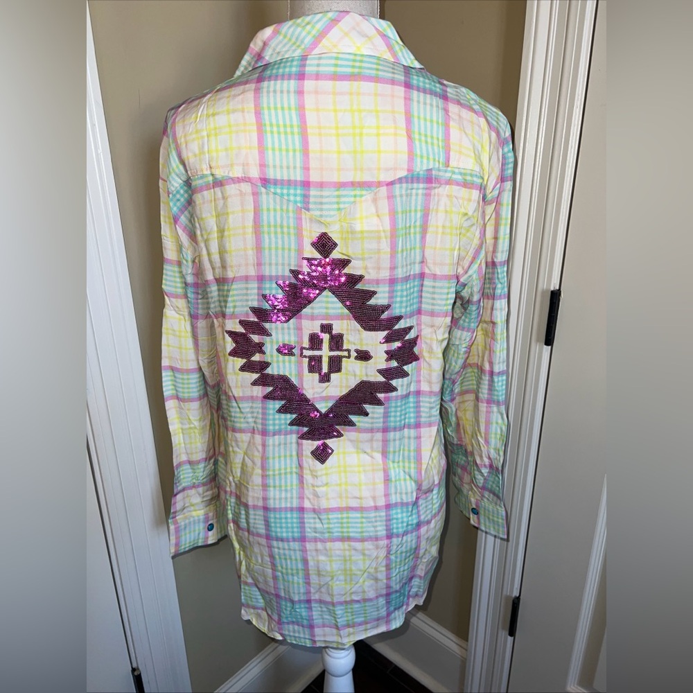 NWT Two 2 Fly Womens Western yellow plaid sequin snap Blouse rayon Rodeo Size M